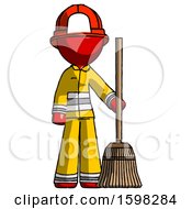 Red Firefighter Fireman Man Standing With Broom Cleaning Services