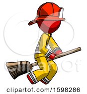 Red Firefighter Fireman Man Flying On Broom