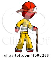 Red Firefighter Fireman Man Walking With Hiking Stick
