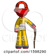Red Firefighter Fireman Man Standing With Hiking Stick