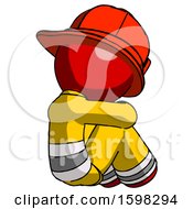 Poster, Art Print Of Red Firefighter Fireman Man Sitting With Head Down Back View Facing Right