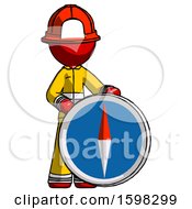 Poster, Art Print Of Red Firefighter Fireman Man Standing Beside Large Compass