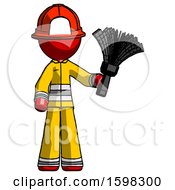 Poster, Art Print Of Red Firefighter Fireman Man Holding Feather Duster Facing Forward