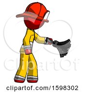 Poster, Art Print Of Red Firefighter Fireman Man Dusting With Feather Duster Downwards