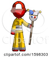 Poster, Art Print Of Red Firefighter Fireman Man Holding Jester Staff