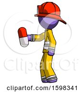 Poster, Art Print Of Purple Firefighter Fireman Man Holding Red Pill Walking To Left