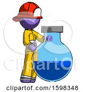 Poster, Art Print Of Purple Firefighter Fireman Man Standing Beside Large Round Flask Or Beaker