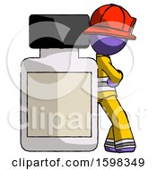 Poster, Art Print Of Purple Firefighter Fireman Man Leaning Against Large Medicine Bottle