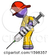 Poster, Art Print Of Purple Firefighter Fireman Man Using Syringe Giving Injection