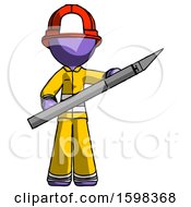 Poster, Art Print Of Purple Firefighter Fireman Man Holding Large Scalpel