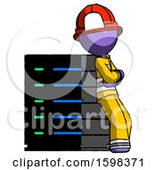Poster, Art Print Of Purple Firefighter Fireman Man Resting Against Server Rack Viewed At Angle