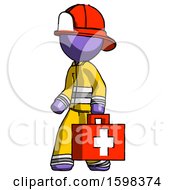 Purple Firefighter Fireman Man Walking With Medical Aid Briefcase To Left