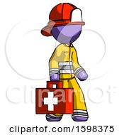 Poster, Art Print Of Purple Firefighter Fireman Man Walking With Medical Aid Briefcase To Right