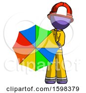 Poster, Art Print Of Purple Firefighter Fireman Man Holding Rainbow Umbrella Out To Viewer