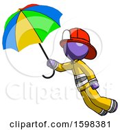 Poster, Art Print Of Purple Firefighter Fireman Man Flying With Rainbow Colored Umbrella