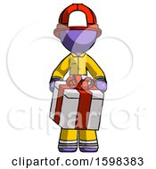 Poster, Art Print Of Purple Firefighter Fireman Man Gifting Present With Large Bow Front View