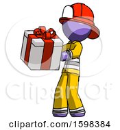 Poster, Art Print Of Purple Firefighter Fireman Man Presenting A Present With Large Red Bow On It