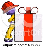 Poster, Art Print Of Purple Firefighter Fireman Man Gift Concept - Leaning Against Large Present