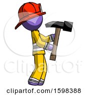 Poster, Art Print Of Purple Firefighter Fireman Man Hammering Something On The Right