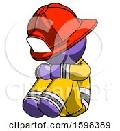 Purple Firefighter Fireman Man Sitting With Head Down Facing Angle Left