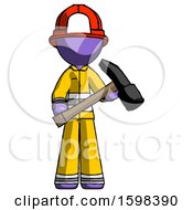 Poster, Art Print Of Purple Firefighter Fireman Man Holding Hammer Ready To Work