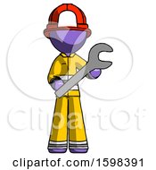 Poster, Art Print Of Purple Firefighter Fireman Man Holding Large Wrench With Both Hands