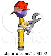 Poster, Art Print Of Purple Firefighter Fireman Man Using Wrench Adjusting Something To Right