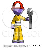 Poster, Art Print Of Purple Firefighter Fireman Man Holding Wrench Ready To Repair Or Work
