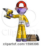 Poster, Art Print Of Purple Firefighter Fireman Man Holding Drill Ready To Work Toolchest And Tools To Right