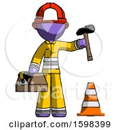 Poster, Art Print Of Purple Firefighter Fireman Man Under Construction Concept Traffic Cone And Tools