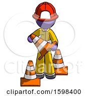 Poster, Art Print Of Purple Firefighter Fireman Man Holding A Traffic Cone