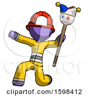 Poster, Art Print Of Purple Firefighter Fireman Man Holding Jester Staff Posing Charismatically