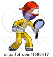 Poster, Art Print Of Purple Firefighter Fireman Man Inspecting With Large Magnifying Glass Right