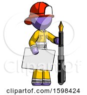 Poster, Art Print Of Purple Firefighter Fireman Man Holding Large Envelope And Calligraphy Pen