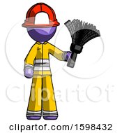 Poster, Art Print Of Purple Firefighter Fireman Man Holding Feather Duster Facing Forward