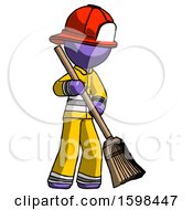 Poster, Art Print Of Purple Firefighter Fireman Man Sweeping Area With Broom
