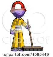 Purple Firefighter Fireman Man Standing With Industrial Broom