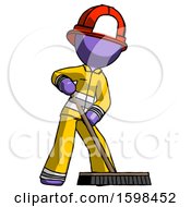 Poster, Art Print Of Purple Firefighter Fireman Man Cleaning Services Janitor Sweeping Floor With Push Broom