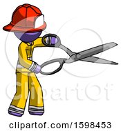 Poster, Art Print Of Purple Firefighter Fireman Man Holding Giant Scissors Cutting Out Something