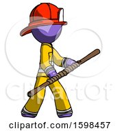 Purple Firefighter Fireman Man Holding Bo Staff In Sideways Defense Pose