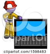 Poster, Art Print Of Purple Firefighter Fireman Man Beside Large Laptop Computer Leaning Against It