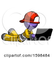 Poster, Art Print Of Purple Firefighter Fireman Man Using Laptop Computer While Lying On Floor Side Angled View