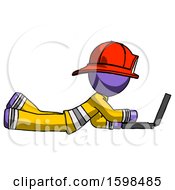 Poster, Art Print Of Purple Firefighter Fireman Man Using Laptop Computer While Lying On Floor Side View