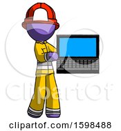 Poster, Art Print Of Purple Firefighter Fireman Man Holding Laptop Computer Presenting Something On Screen