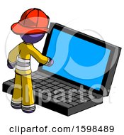 Poster, Art Print Of Purple Firefighter Fireman Man Using Large Laptop Computer