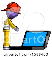 Poster, Art Print Of Purple Firefighter Fireman Man Using Large Laptop Computer Side Orthographic View