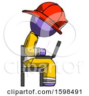 Poster, Art Print Of Purple Firefighter Fireman Man Using Laptop Computer While Sitting In Chair View From Side
