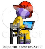 Poster, Art Print Of Purple Firefighter Fireman Man Using Laptop Computer While Sitting In Chair View From Back