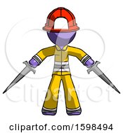 Poster, Art Print Of Purple Firefighter Fireman Man Two Sword Defense Pose