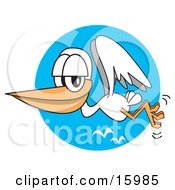 Happy White Stork Flying In A Clear Blue Sky Clipart Illustration